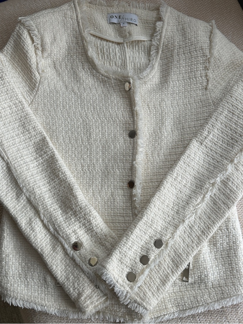 One Third Cream Textured Button Cardigan Blazer